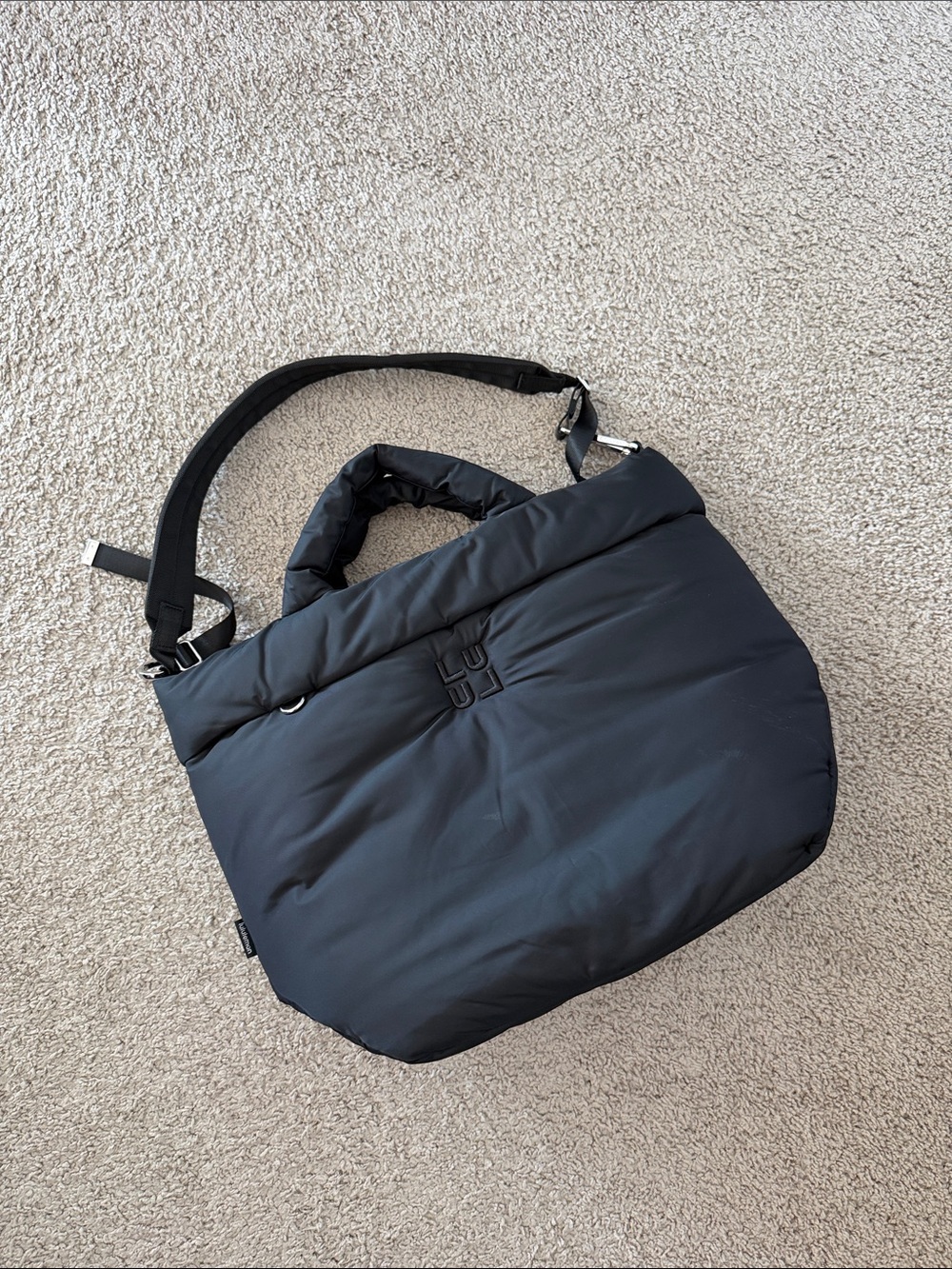 Lululemon Black Quilted Tote Bag with Top Handles and Shoulder Strap